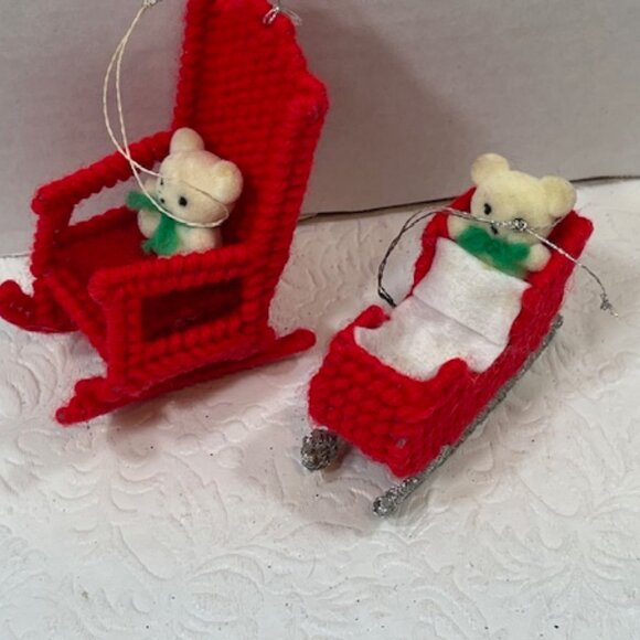 Set of 2 Holiday Crochet Bear Rocking Chair Baby Sleigh Ornaments Handcrafted - Picture 4 of 16